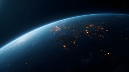 Obraz premium Stunning Cinematic Night View Earth Space Glowing City Lights Blue Horizon