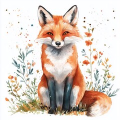 Cute watercolor fox illustration with floral elements