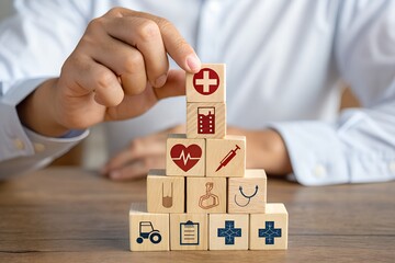Health insurance and medical care concept. A set of wooden blocks displaying health-related icons, medical care, health insurance, and medication. healthcare services, protection, insurance coverage,