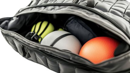 Sports equipment stored in gym bag with various colorful balls ready for active play or training session
