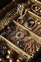 A beautifully crafted jewelry box overflowing with gold and precious gems, perfect for ornate decor or as a treasured keepsake