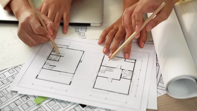 Professional engineer team discussion about house design on meeting table with architectural equipment and building blueprint scatter around at modern office. Focus on hand. Closeup. Delineation.