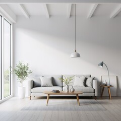 Minimalist scandinavian living room with gray sofa, wooden coffee table and indoor plant. Modern bright interior design with natural light through large windows. Cloud Dancer - Color of the year 2026