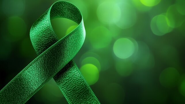 Green ribbon for World Lymphoma Awareness month. Healthcare, mental health and cancer awareness. Liver, gallbladder, bile duct, cervical, kidney cancer awareness.