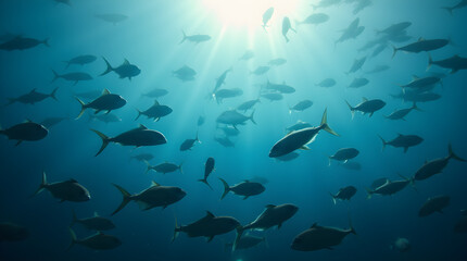 Stunning Underwater View of Large School of Fish Silhouetted by Rays of Sunlight in Vibrant Blue Ocean Depths