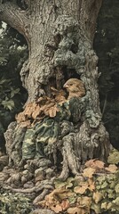A bird peeks from inside a tree trunk amongst camouflage leaves