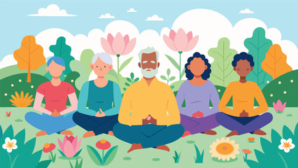 A serene garden filled with blooming wildflowers serving as the backdrop for a group of seniors finding their center in seated meditation.. Vector illustration