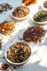 A table with various bowls showcasing diverse herb types for cooking and culinary purposes