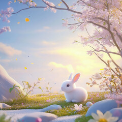 Spring landscape with rabbit and blooming tree.