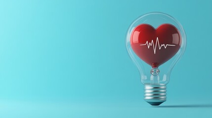 Love and care concept. Red heart with heartbeat in a light bulb on a blue background.