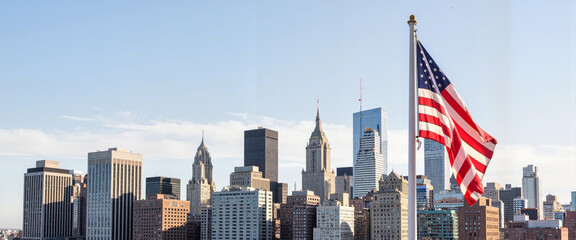 City skyline with American flag at half-mast, honoring remembrance