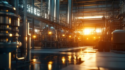 Industrial Sunset in Manufacturing Facility with Machinery and Pipes