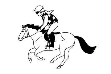 Young jockey riding a galloping pony in black and white line art style  