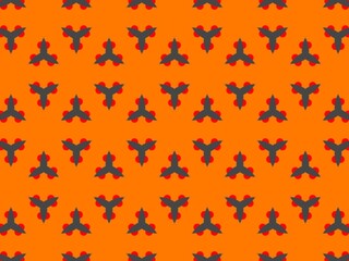 Seamless geometric pattern with repeating gray triangles and red circles on an orange background.  Perfect for textile, wallpaper, or packaging design.