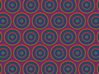 Seamless psychedelic pattern with repeating concentric circles in vibrant rainbow colors. Perfect for 70s-themed designs, textile prints, or groovy backgrounds.