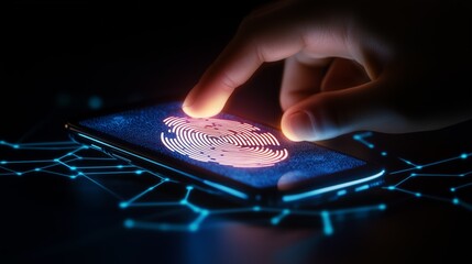 Digital fingerprint scan on smartphone screen. Biometric security authentication technology. Futuristic network. AI generated