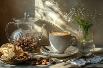 Fototapeta premium A cup of coffee and some cookies on a wooden table with a rustic background