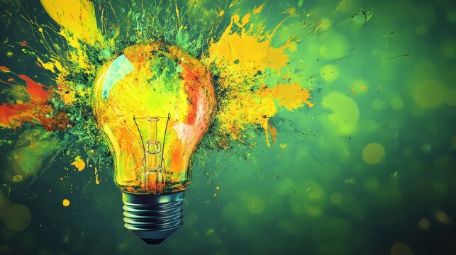 New idea sparks! Brainstorming sessions lead to innovative solutions, launching businesses and marketing campaigns. The vibrant green and yellow shades symbolize growth and creativity.