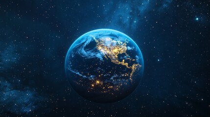 Obraz premium Our blue planet Earth shines amidst a starry backdrop. City lights twinkle like golden beacons, illuminating the vast expanse of space.