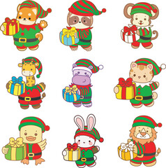 Cute animals vector icon with christmas theme. Funny baby animal christmas illustration.