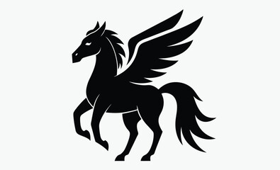 Flying Pegasus silhouette, beautiful black Pegasus sign on a white background.  