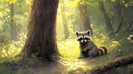 Raccoon In Sunlit Forest Pixel Art