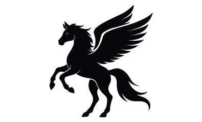 Flying Pegasus silhouette, beautiful black Pegasus sign on a white background.  
