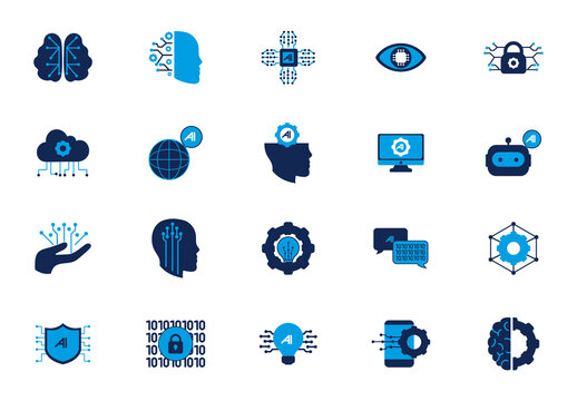 Blue Artificial Intelligence Neural Network Icons Set