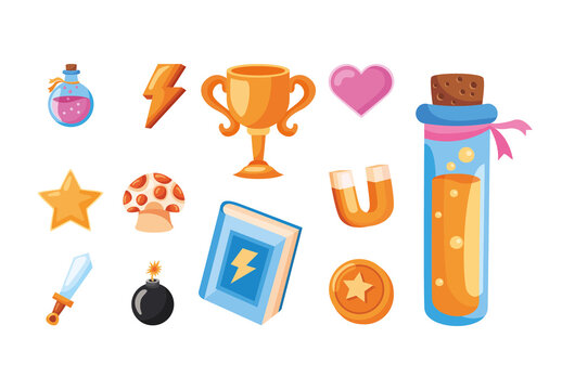 Colorful Video Game Elements Icons Set