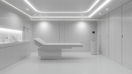 A minimalist interior of a modern medical room with an examination bed and white walls. The space is clean, well-lit, and designed for diagnostics or procedures.