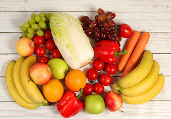 Healthy vegan products for a healthy lifestyle. Assortment of fruits, vegetables and natural juice...