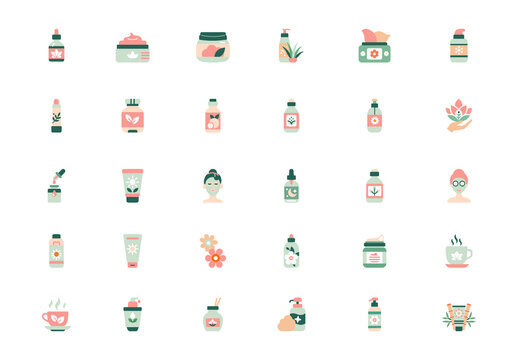 Pink and Green Skincare Beauty Illustration Set