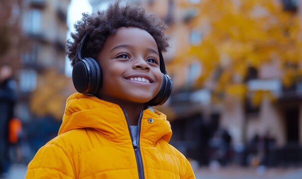 a young boy wearing headphones and enjoying music outside.