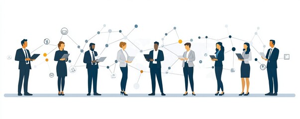 a diverse group of business people, connected by a network.