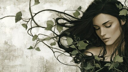 The serene woman surrounded by flowing dark hair and leaves
