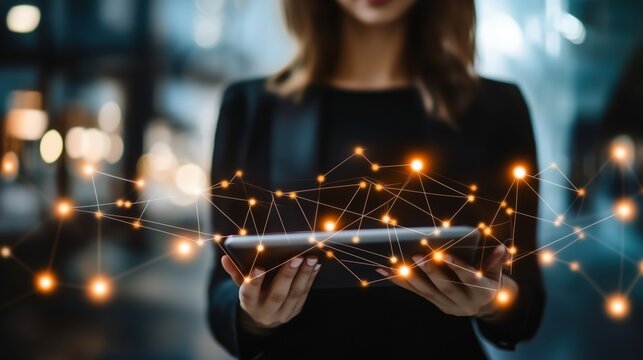Digital network tablet technology. A businesswoman holds a tablet showcasing a glowing digital network connection. AI generated