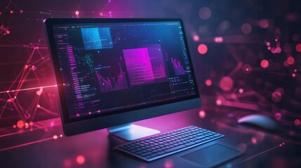 a computer setup with a keyboard and mouse and data analysis on the screen.