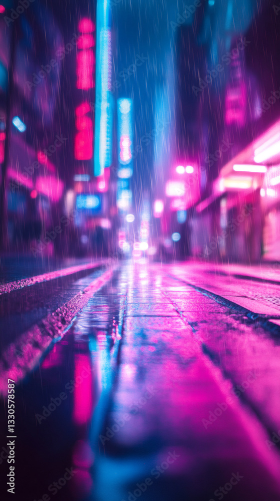 Aufkleber nighttime urban scene showing wet asphalt reflecting colorful neon glows from sleek metropolitan arc
