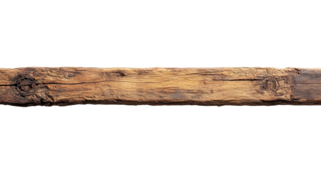 Old wooden beam with natural texture and age marks displayed against a white background