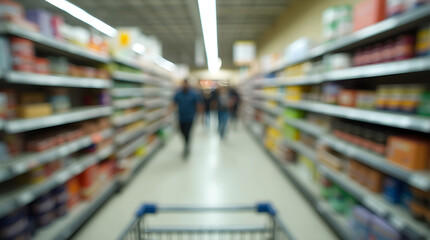Blurred Supermarket Aisle with Food Products on Shelves - Retail Shopping Market