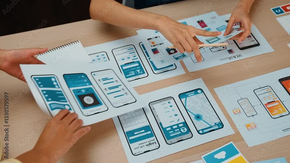 Poster panorama video of startup company employee planning on user interface prototype for mobile applicati