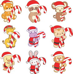 Cute animals vector icon with christmas theme. Funny baby animal christmas illustration.