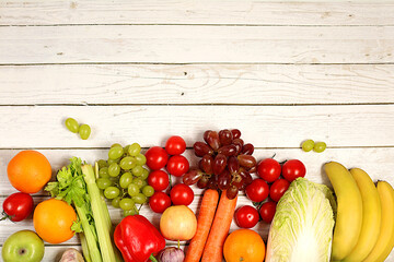 Healthy vegan products for a healthy lifestyle. Assortment of fruits, vegetables and natural juice on a concrete background, Detox diet and weight loss concept. Shop advertising, banner for a cafe 