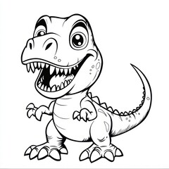 Naklejka premium Smiling Dino: A black and white cartoon illustration of a smiling dinosaur, capturing the fun, cartoon-like quality of prehistoric wildlife, with its cute smile.
