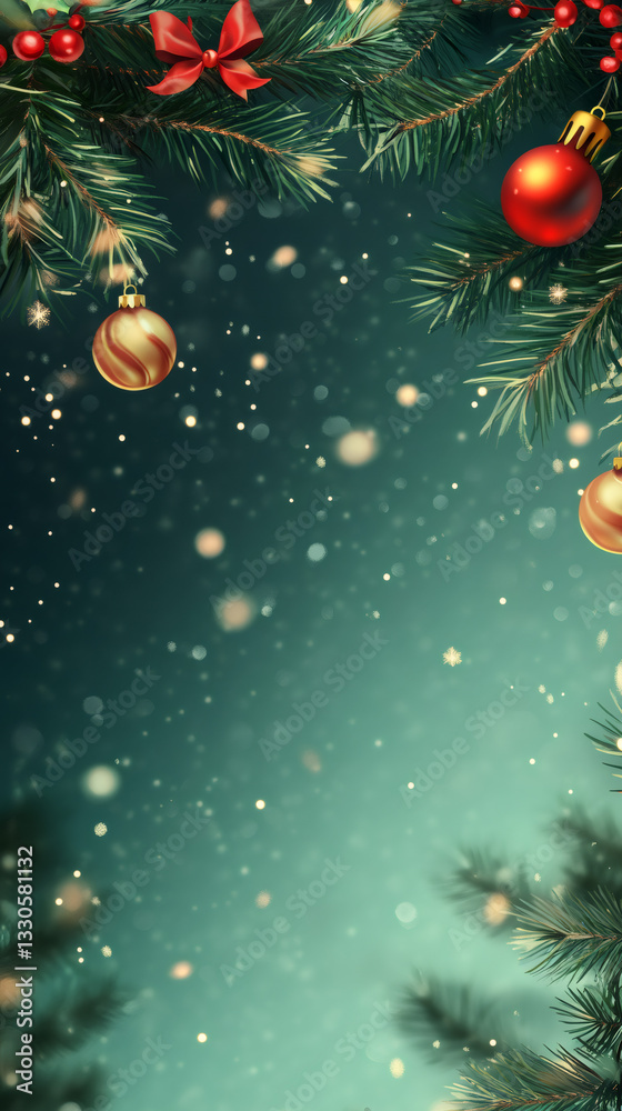 Poster christmas background with falling snow, fir branches, red berries and baubles creating a festive atm
