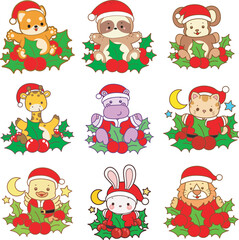 Cute animals vector icon with christmas theme. Funny baby animal christmas illustration.