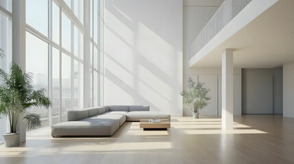 Fototapeta premium Modern Minimalist Loft Apartment Interior with Sunlight Streaming Through Large Windows
