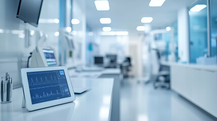 Naklejka premium Tablet against the background of the clinic interior