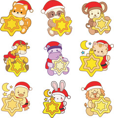 Cute animals vector icon with christmas theme. Funny baby animal christmas illustration.