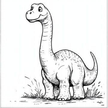 Smiling Brachiosaurus: A charmingly drawn Brachiosaurus dinosaur stands tall with a friendly smile and a playful attitude, its long neck reaching for the sky.